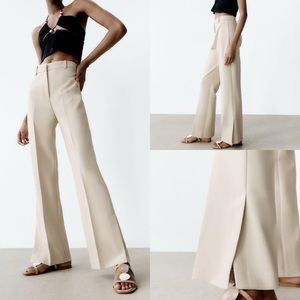 Zara High Waisted Straight Leg Side Slits Dress Pant NWT - Beige/Taupe, Small
